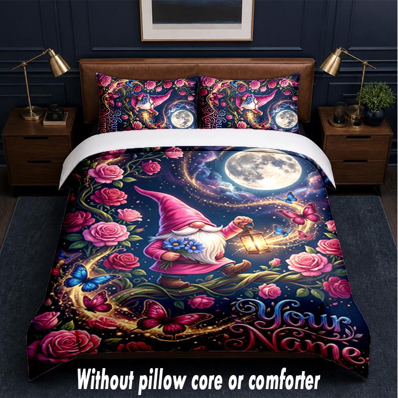 Gnome Theme Custom Text Or Name 3Pcs Bedding Set,1 Flat Sheet & 2 Pillowcases Personalized Home Bedding