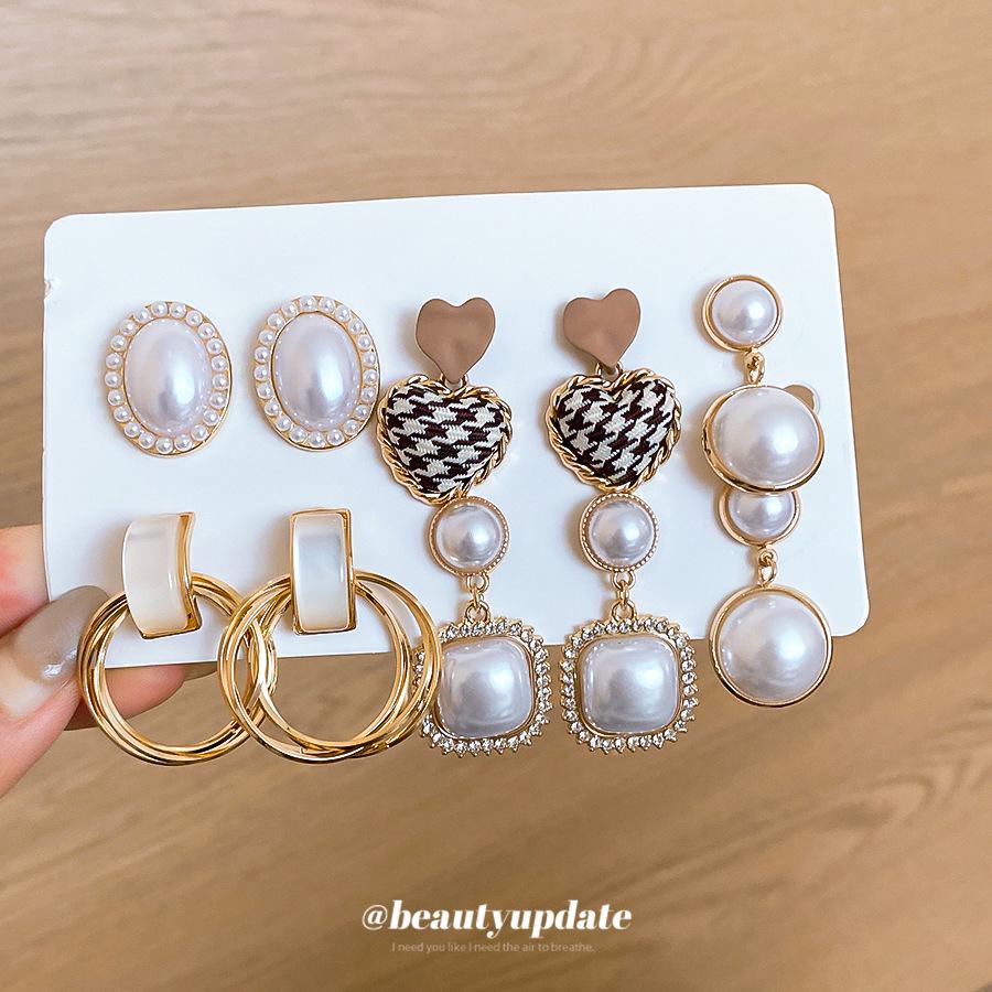 French Silver Needle Rhinestone Resin Pearl Geometric Earrings Set - Retro High-End Women's Jewelry