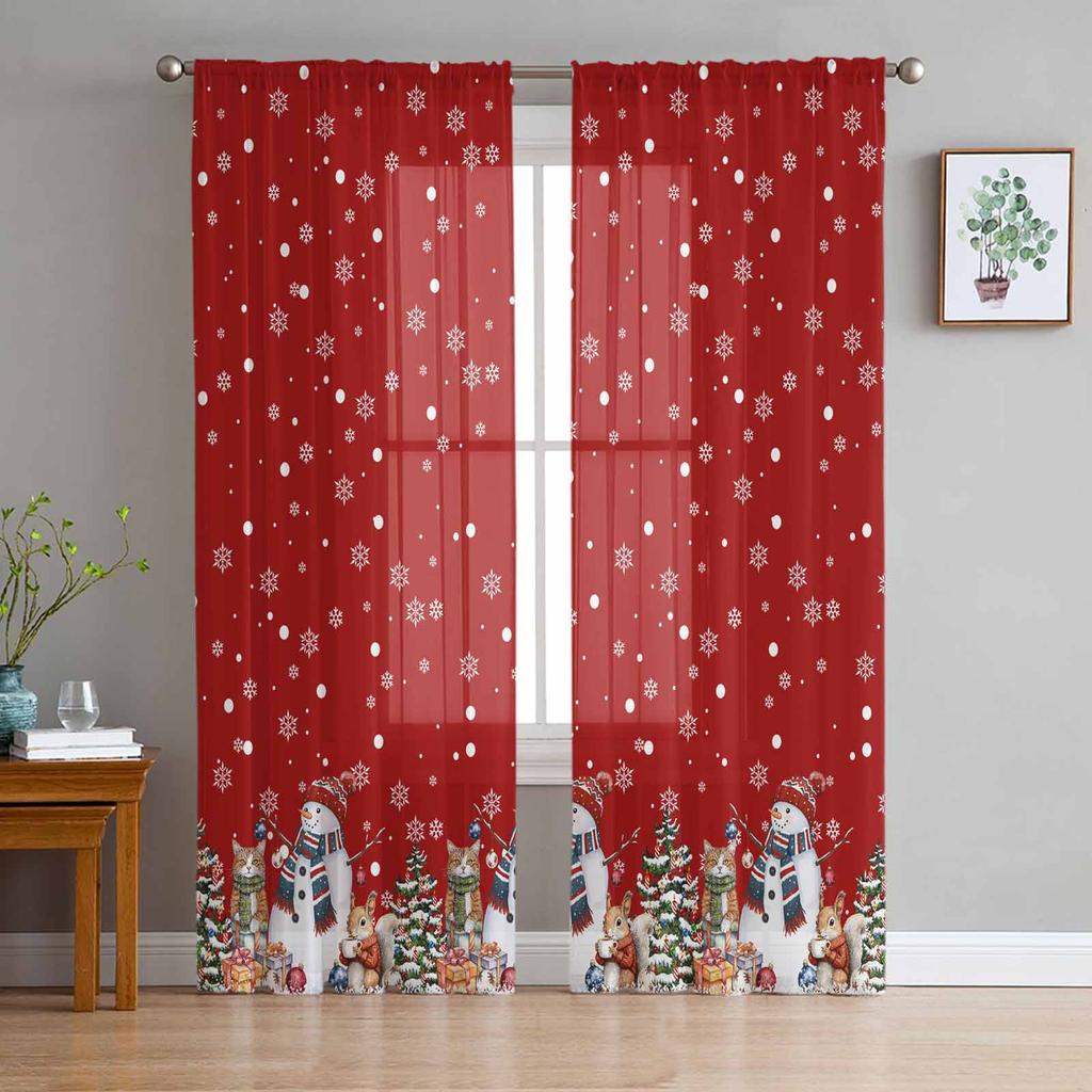 Christmas Tree Snowman Cat Squirrel Snowflake Ball Red Sheer Curtains Room Decor Window Curtain Kitchen Tulle Voile Curtains