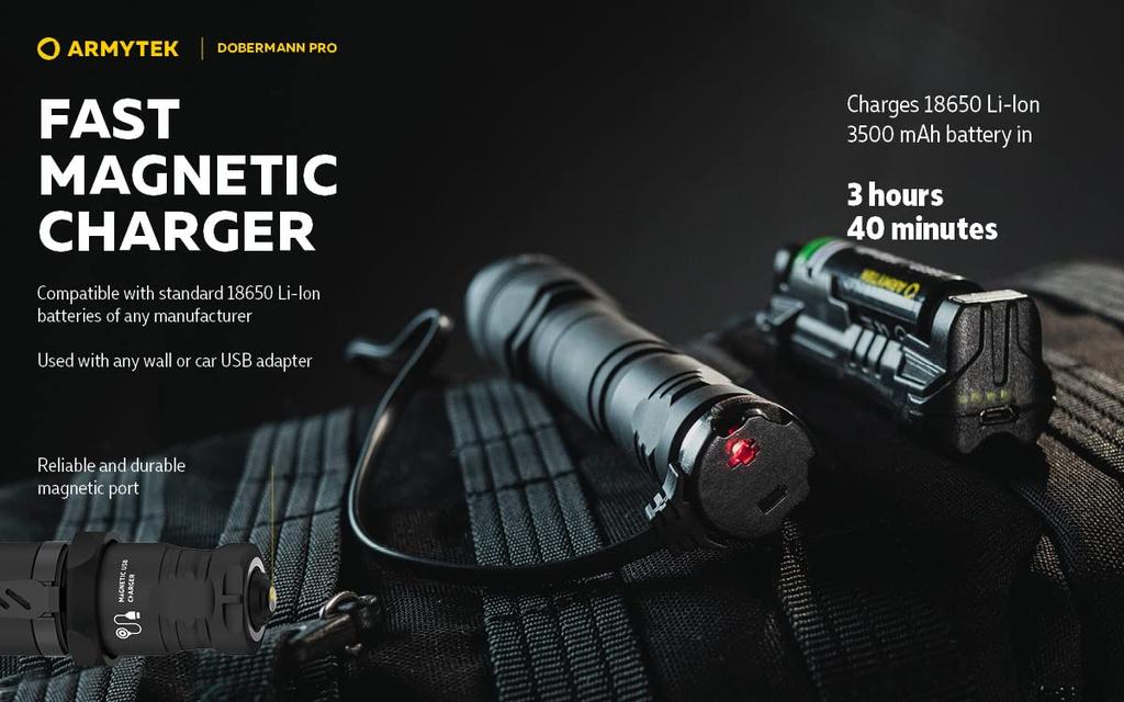 Taktická svítilna ARMYTEK DOBERMANN PRO XHP35 HI Bílé světlo Magnetické nabíjení 18650 Dobíjecí (Vestavěná baterie)