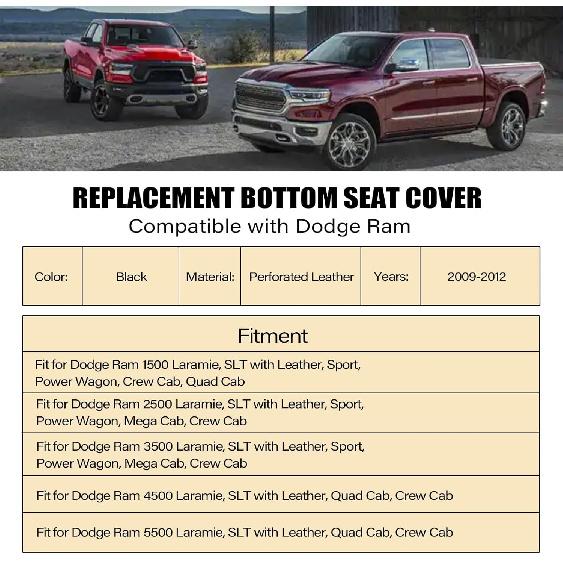 SecosAutoparts Passenger Bottom Replacement Perforated Leather Seat Cover Black Compatible with Dodge Ram 2500 3500 4500 5500 Laramie Sport SLT 2009