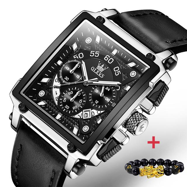 OLEVS 9919 Original Quartz Watch for Men Leather Strap Big Dial Square Waterproof Chronograph Sport Clock Male Relogio Masculino