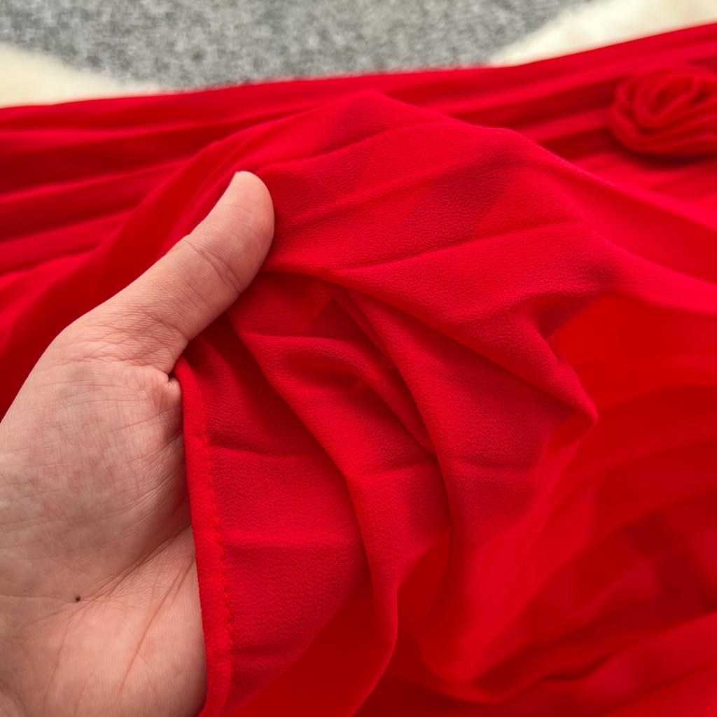 Spring Autumn Woman Dress New Flower Round Ne Seven-Quarter Sleeve Waist-Cinching Pleated Dresses for  Women Slimming Gown