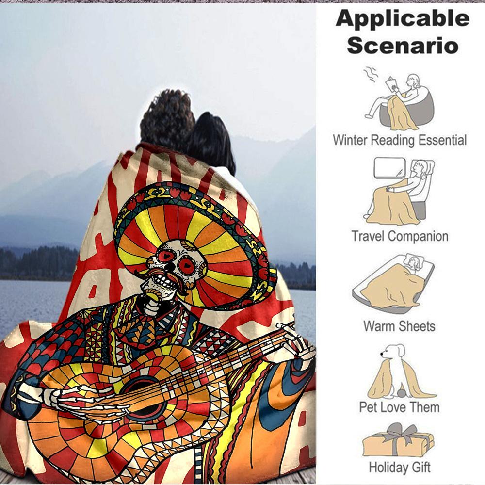 1pc Day of the Dead Guitarist Blanket, Lightweight Flannel Throw Blanket for Sofa, Bed, Travel, Camping, Living Room, Office, Couch, Chair, and Bed