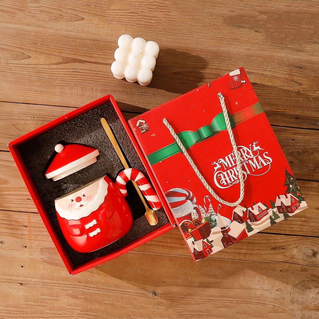 Santa Claus Mug Creative Hand Painted Christmas Ceramic Cup Gift Box Household Coffee Cup with Lid Spoon