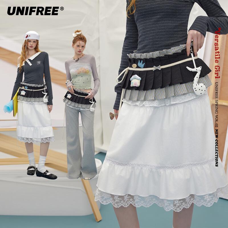 UNIFREE Sweet Plaid Pleated Skirt with Music Note Charm One Size