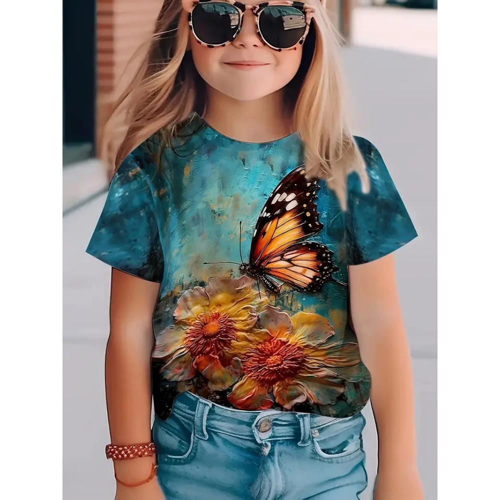 Summer Round Neck 3D Butterfly Pattern Printed Top Fashionable Casual Short Sleeved Children's Girl T-shirts