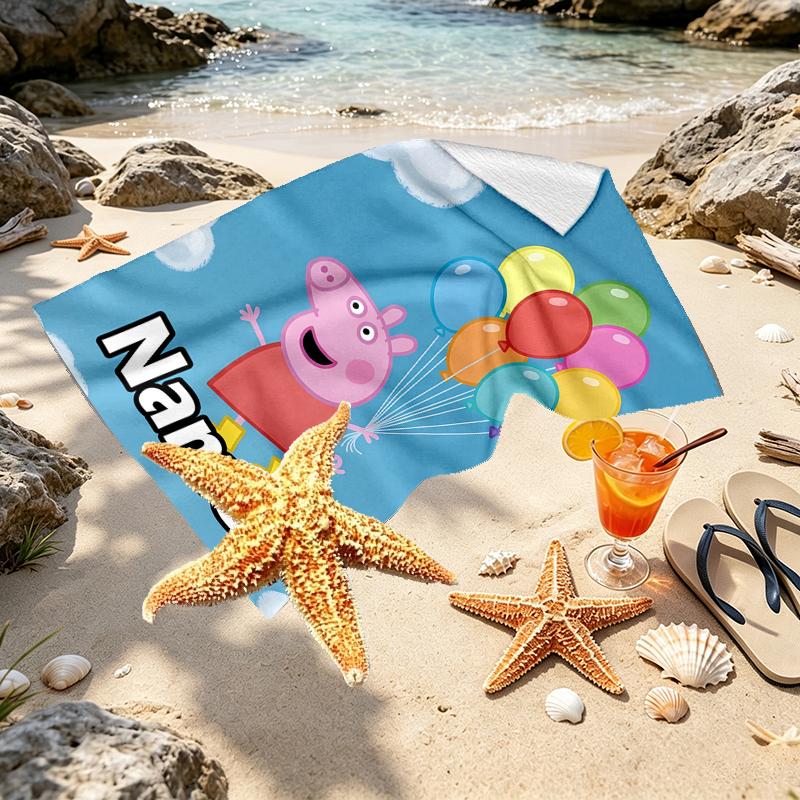 Custom Name Personalized Peppa Pig Print Beach Towel, for Trip Camping Beach Party Home Decor, Birthday Gift for Family & Friends