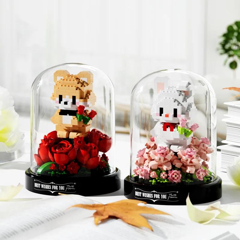 Non-Toxic Mini Building Block Animal Garden Cartoon Rabbit Rose Bricks Diy Assemable Eternal Flower Creative Educational Toys For Children