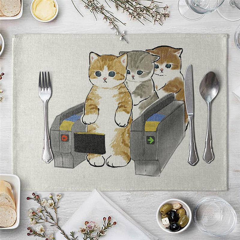 1 Pcs Dining Table Mats Cute Funny Cat Pattern Kitchen Placemat Drink Coasters Western Pad Cotton Linen Cup Mat Table Dining