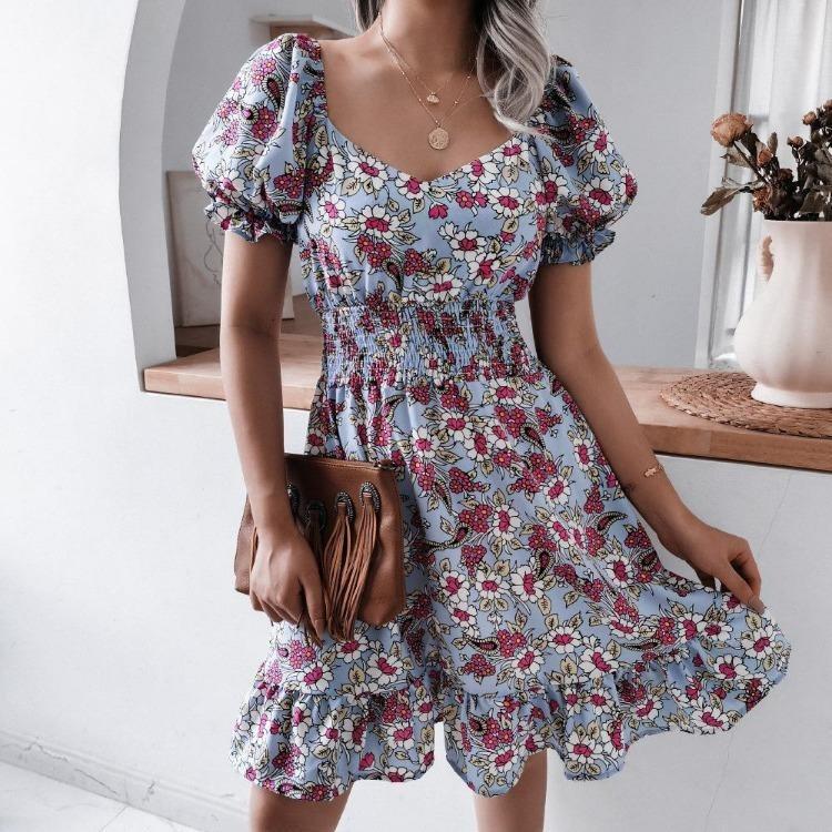 Summer Floral Chic Square Neck Waist Ruffle Balloon Sleeves Dress