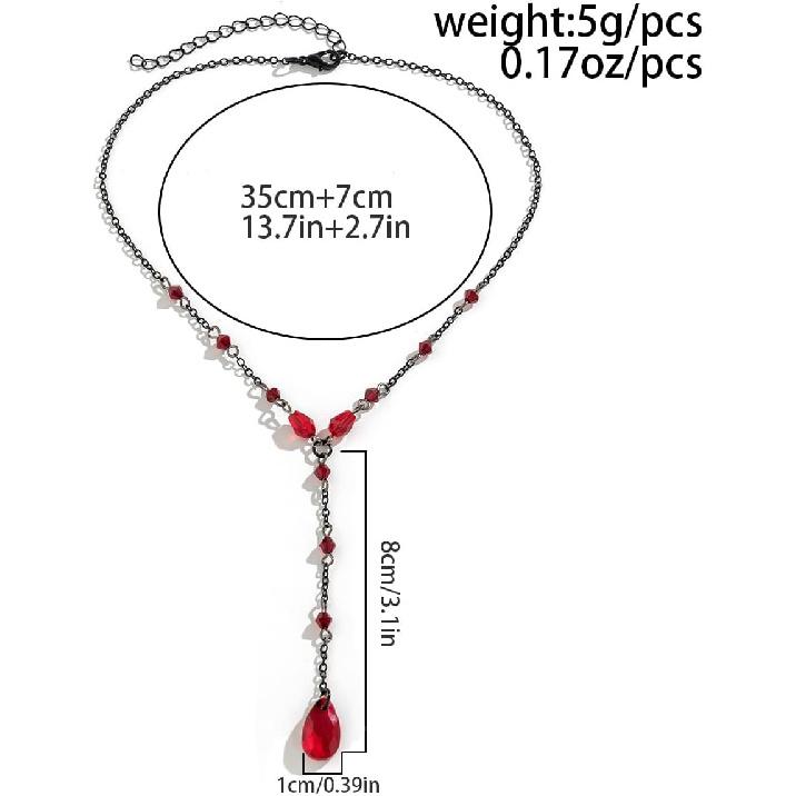 Gothic Red Black Necklace for Women,Goth Choker Vampire Blood Drop Necklace,Punk Black Red Crystal Bead Dark Teardrop Y Necklaces Halloween Jewelry