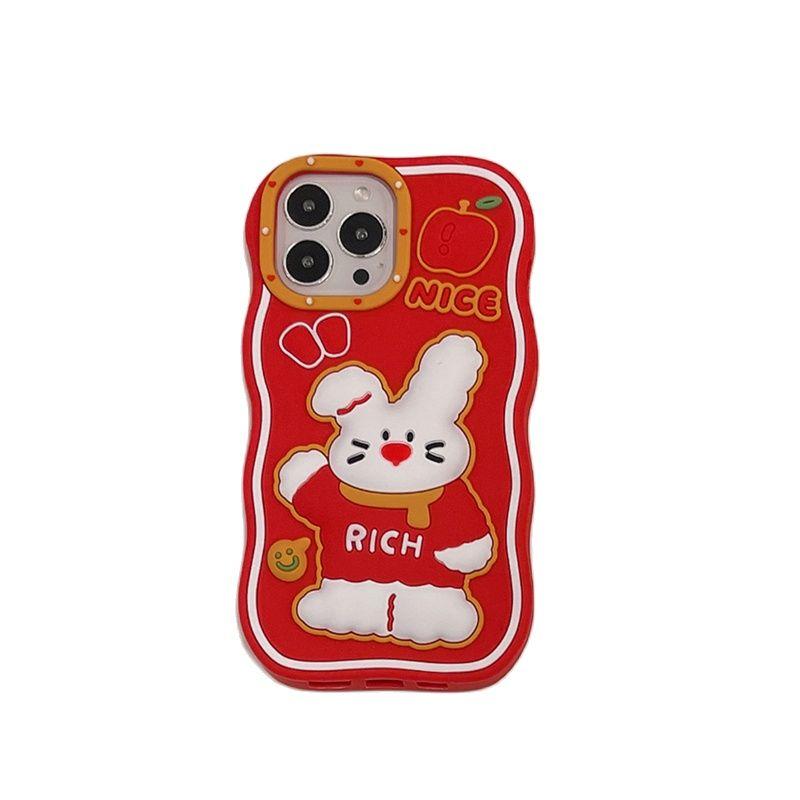 Ins Korean Cute New Year Rabbit Red Phone Case For Iphone 14 13 12 11 Pro Max Lovely Bunny Silicone Shockproof Soft Cover Funda
