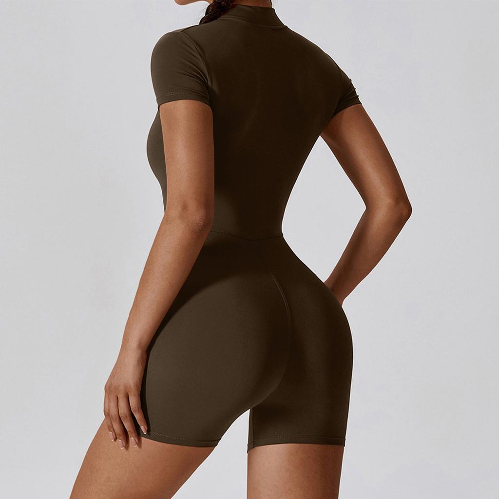 Women's Solid Color Zippered Open Necked Tight And Elastic Three Piece Jumpsuit Yoga Suit