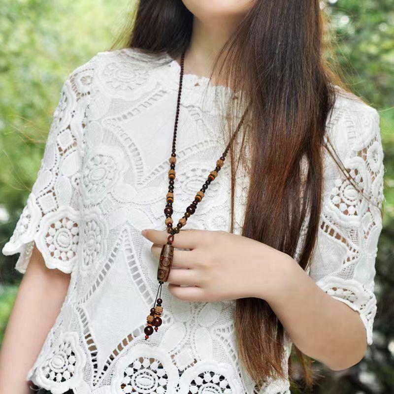 GemChic Women's New Vintage Ethnic Wooden Beads Pendant Necklace Classical Long Chain Fashion Birthday Christmas Jewelry Gift