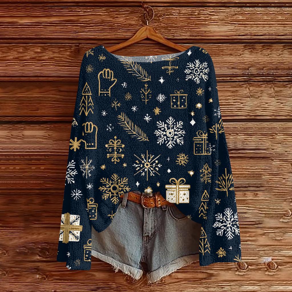 Women's Round Neck Lightweight Sweater Casual Long Sleeve Christmas Print Knit Pullover