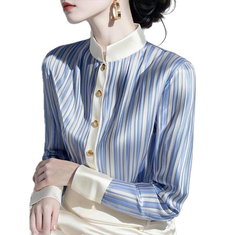 Women's Striped Shirt with French Standing Collar Women's Spring Shirt