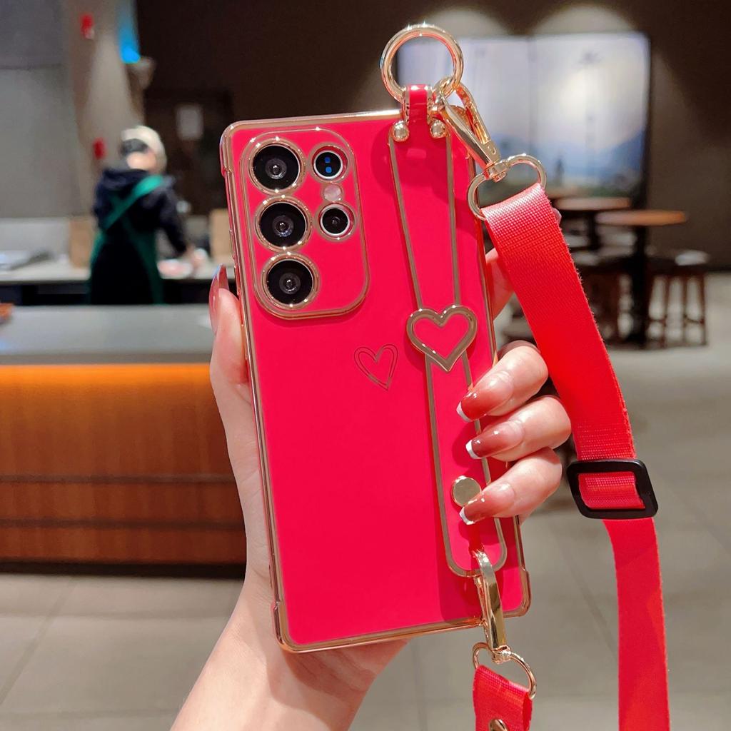 Electroplating Love Suitable for Samsung S25 Ultra Mobile Phone Case S24FE Wrist Strap Bracket Lanyard A56 Protective Cover