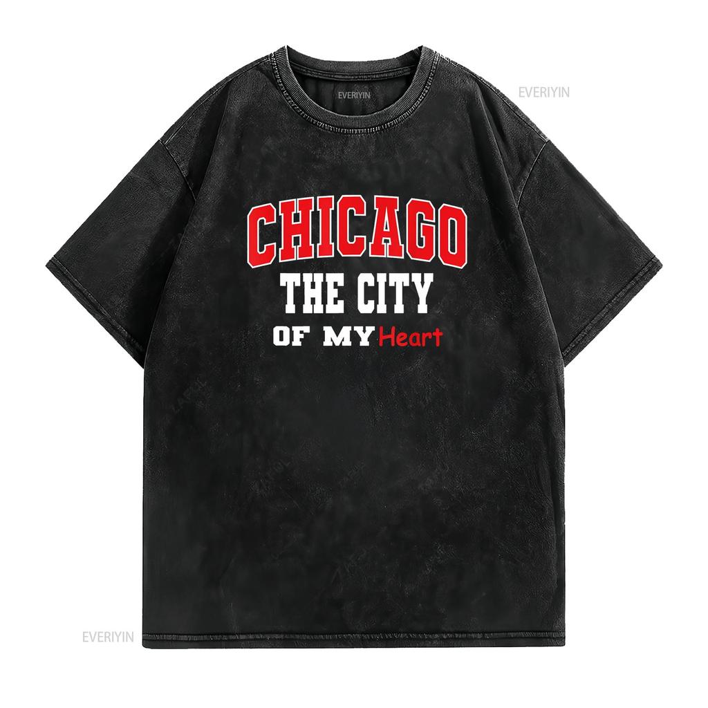 Chicago City of My Heart Men Women Outfit T Shirt Vintage Washed Homme Slightly Casual Streetwear Comfortable Stylish Fashion