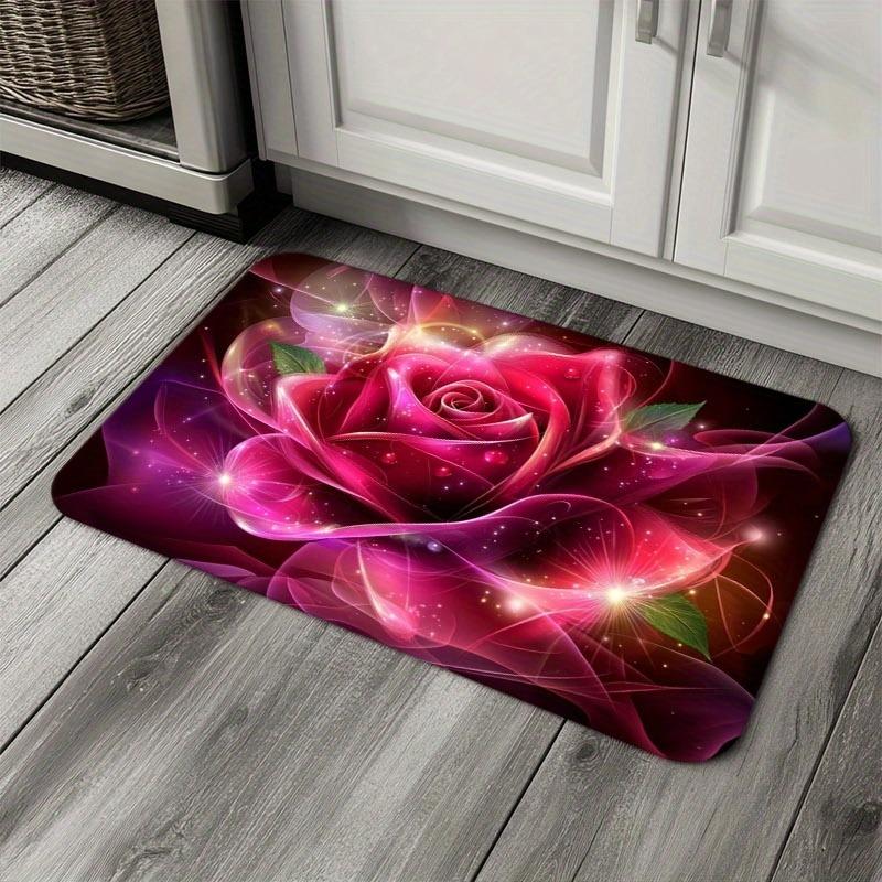 1PC Dew-Kissed Rose Kitchen Rug Non-Slip Door Mat Pop Design Bathroom Rug Bath Mat Carpet for Home Sink Laundry Ecoreeree