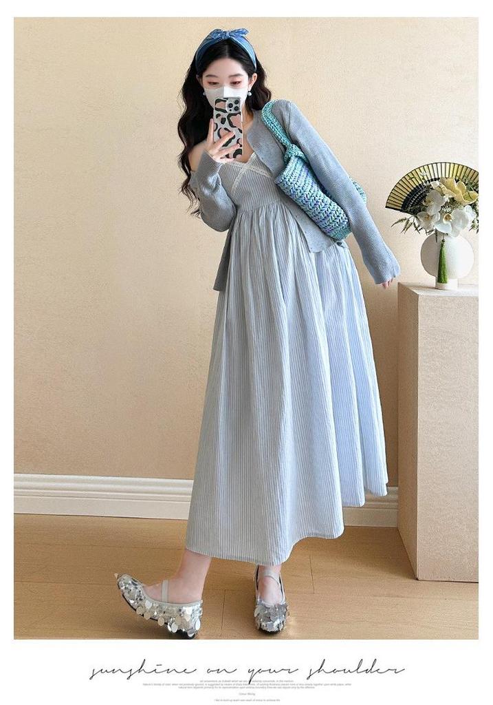 2025 Spring Maternity Lace V-Neck Dress & Knit Cardigan