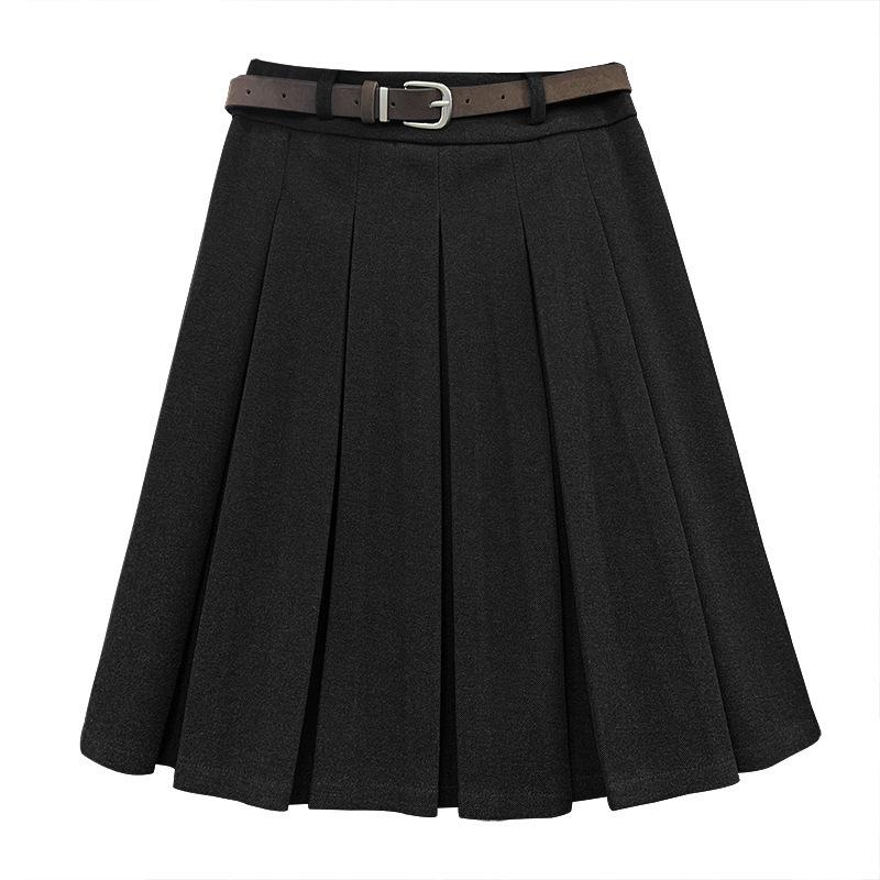 

Woolen pleated skirt autumn new solid color college style high waist thin medium and long skirt XL чорний