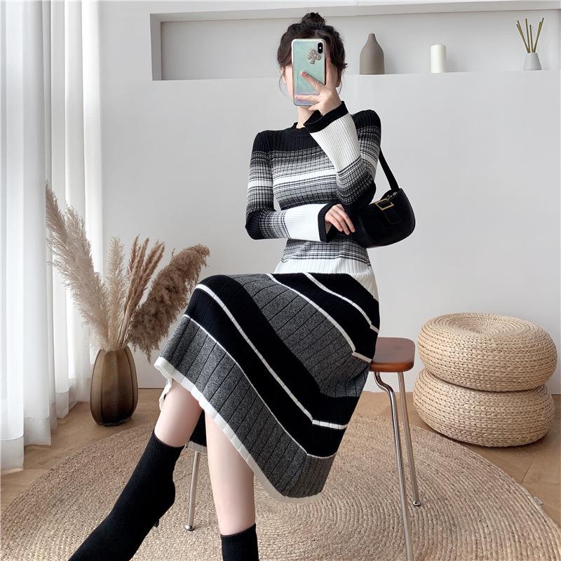 Vestido de Punto Acampanado de Otoño/Invierno para Mujer con Abrigo - Ajustado Largo Medio/Largo Falda Suéter