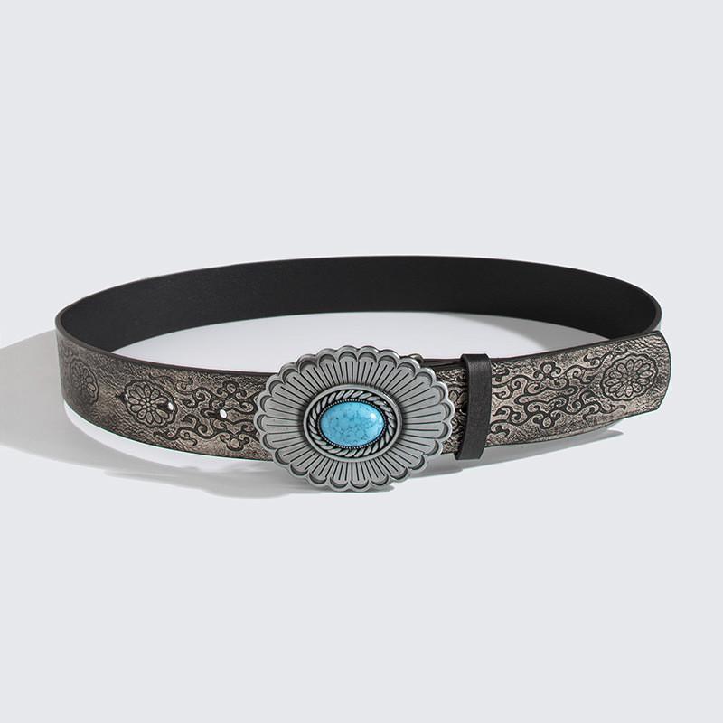 Punk Style Embossed Leather Belt With Large Gemstone Flower For Streetwear