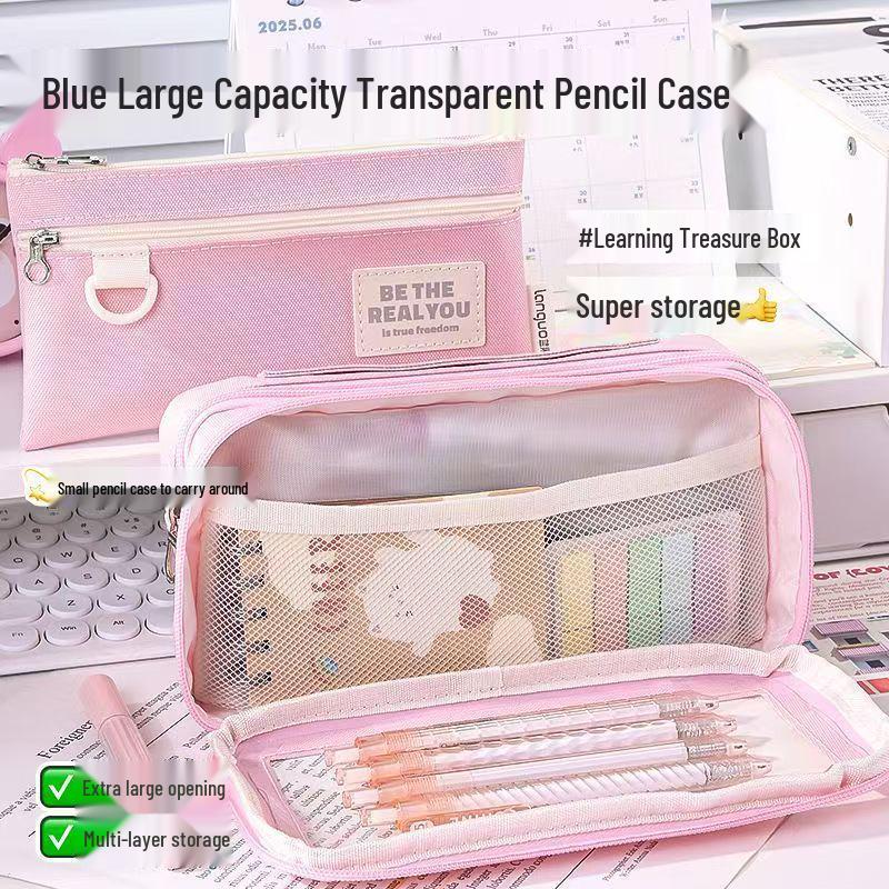 Blue Fruit Transparent Multi-Layer Large Capacity Ita Pencil Case Badge Holder