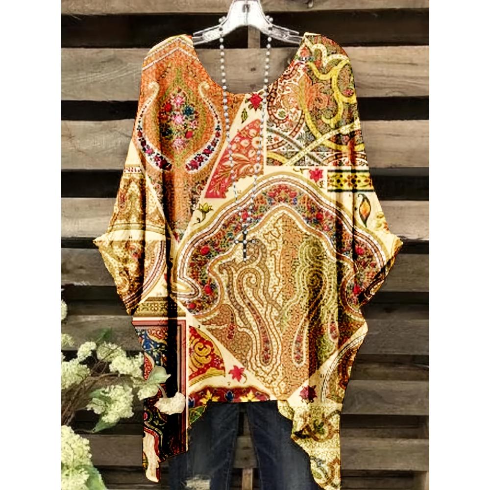Retro Damen T-Shirt Trendig Ethnisch Boho Bedruckt Sommer O-Ausschnitt Unregelmäßiger Saum Kurzarm Bluse T-Shirt Locker Lässig Pullover