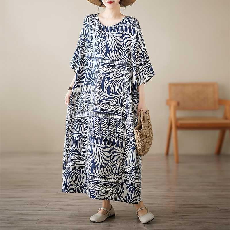 Abito in Cotone e Lino da Donna Taglia L per Donne Curvy Stile Letterario e Retrò Abbigliamento per la Mamma di Metà Anno Scollo Tondo Senza Maniche Ampio Extra Large