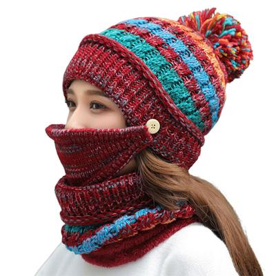 3 In 1 Winter Knitted Beanie Hat Face Cover Scarf Set Warm Fleece Lining  with Pompom for Women Girls