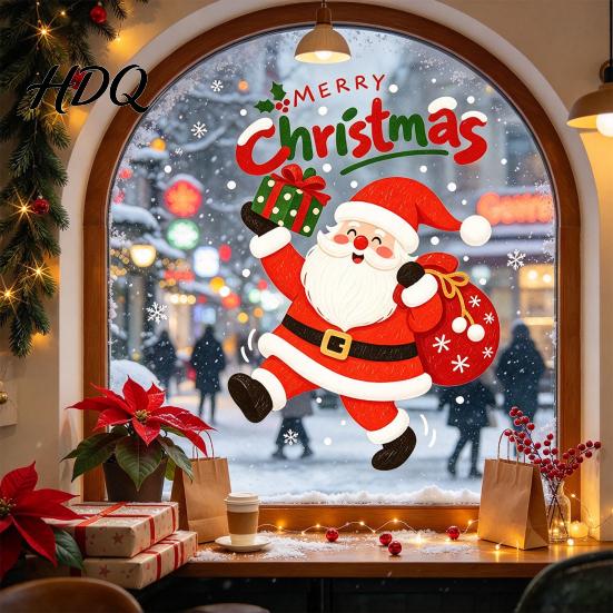 Home Window Ornaments Santa Claus Christmas Cling Static Sticker for Glass Doors Reusable PVC Festive Store Decorations Decal with Gift Bag and Box