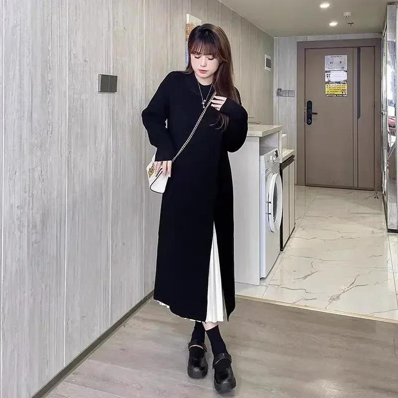 Side Slit Knitted Dress Women's Casual Autumn And Winter Female Loose Simple Long Sweater Skirt Korean Elegant Long Dresses