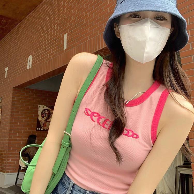 American Style Sleeveless Cotton Vest: Tight-Fitting, Color-Block, Embroidered Design, Breathable with Open Back