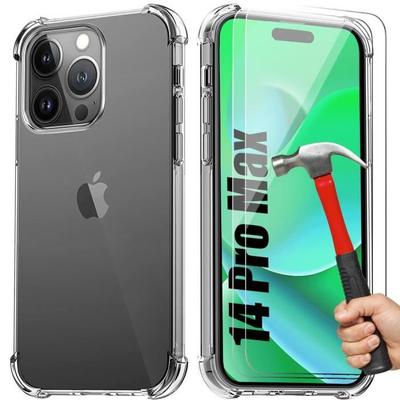 Case for iPhone 14 Pro Max - BRAND - 4 Reinforced Corner Protection - 2 Tempered Glass - Transparent Silicone
