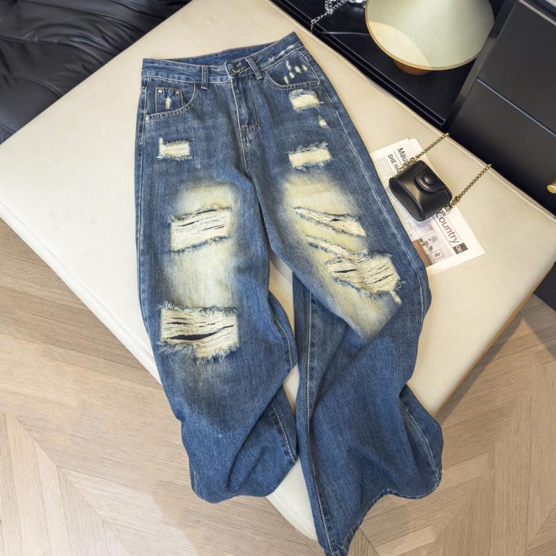 American Retro High Waist Ripped Jeans for Women - Loose, Slimming, Wide Leg