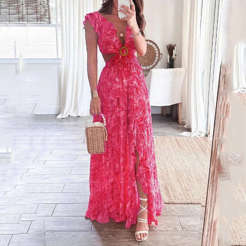 

European American Women s Spring Print Deep V Cutout Pleated Dress XL