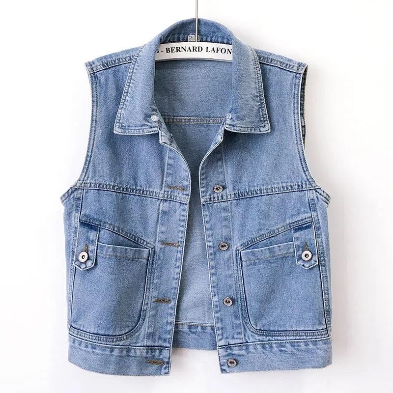 

Women Denim Vest Jackets Spring Autumn Pocket Hooded Short Jean Waistcoat Sleeveless Jacket Outerwear Female Casual Top 5XL