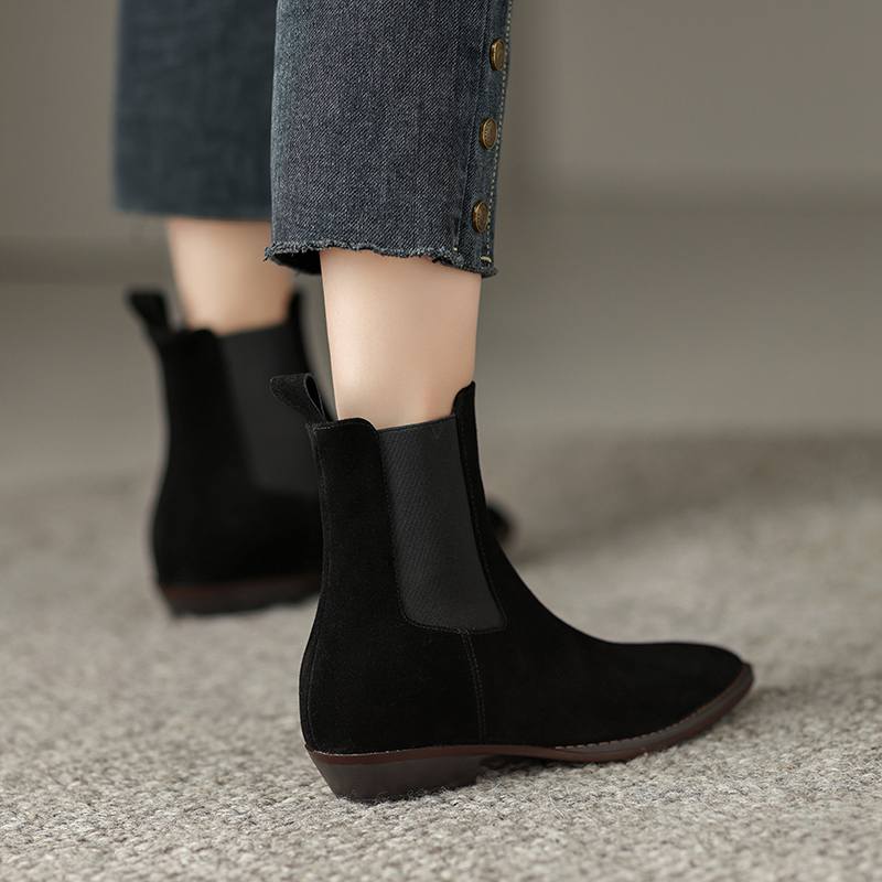 Krazing Pot Piele intoarsa de vaci iarna varf rotund gros tocuri joase cizme chelsea in crestere femei marime mare 41 botine la glezna