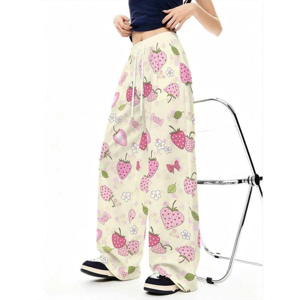 Ladies Loose Fashion Casual Sports Wide Leg Pants Cream Base Color Cartoon Strawberry Candy Flower Pattern Print