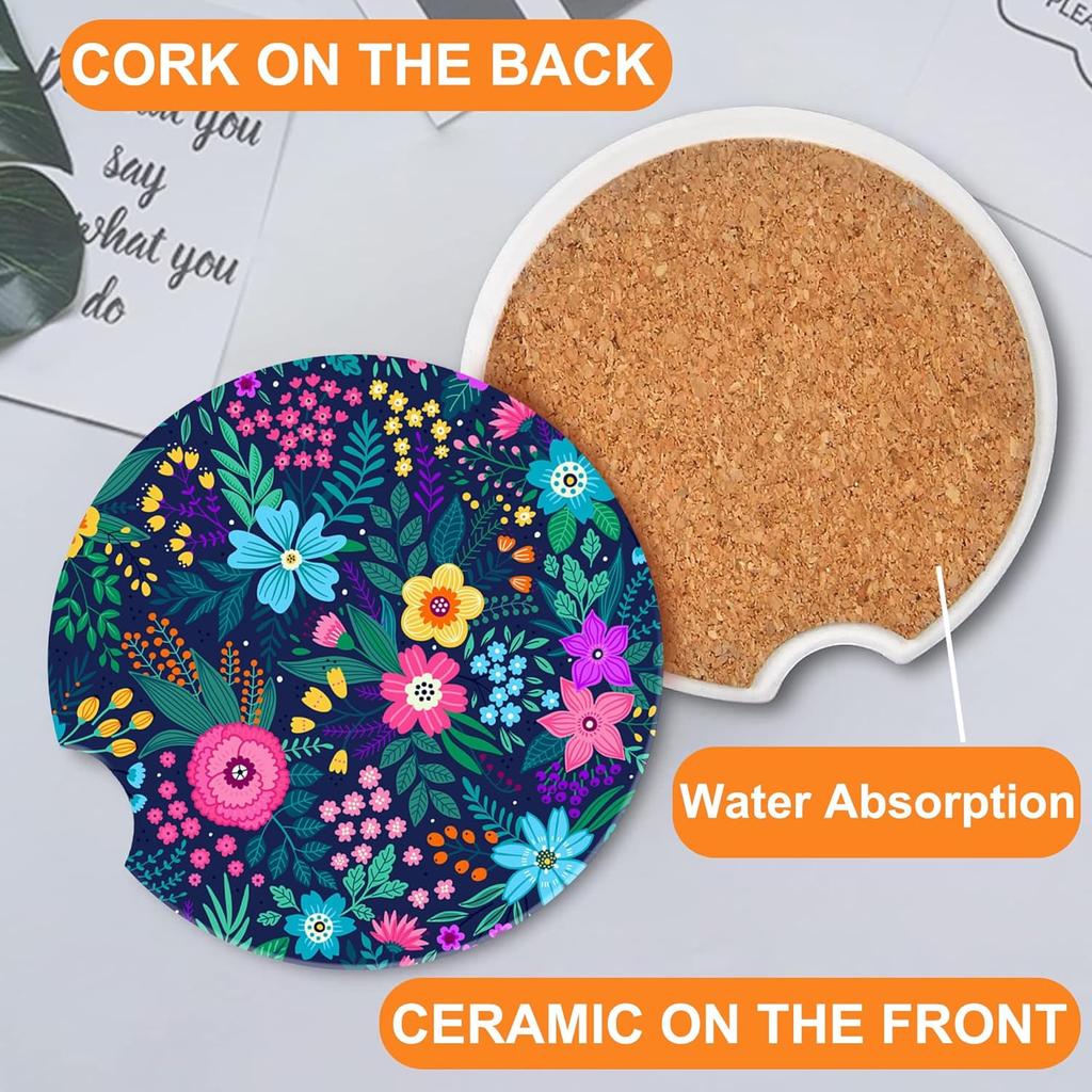 Colorful Flowers and Plants Car Cup Holder Coaster,Car Coasters for Cup Holder,2 Pack Floral Berries Anti-Slip Absorbent Ceramic Car Cup Coasters for