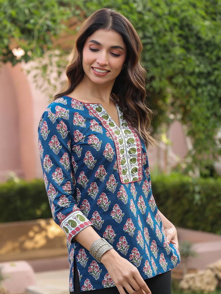 Navy Blue Floral Printed Sequinned Pure Cotton Top