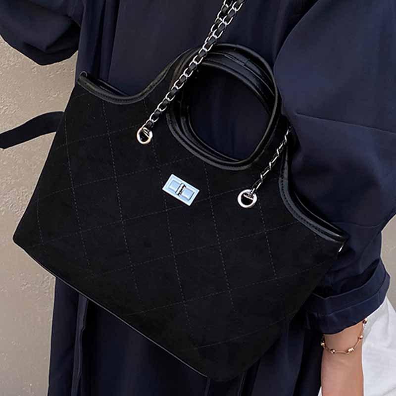 New small fragrance style diamond check chain tote bag retro large capacity color-blocking high-end sense shoulder bag foreign style handbag