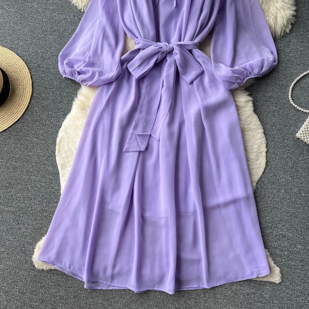 Francouzské šik Maxi šaty pro ženy Sklopný límec Lucerna Rukáv Šněrovací Dámské letní šaty Dámské Vestidos Dropship