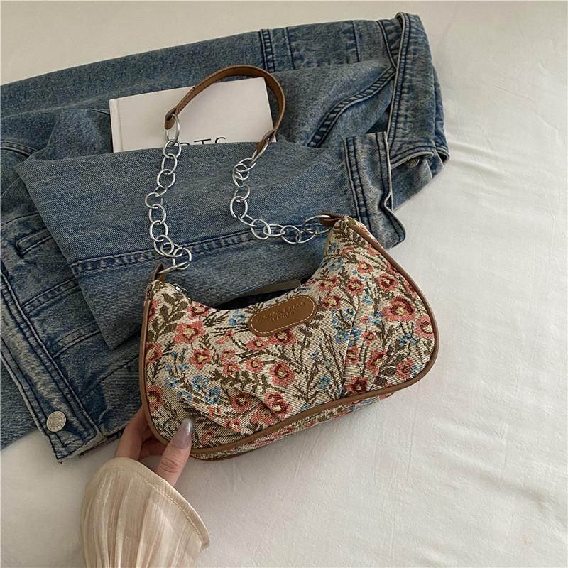 Bolsa de ombro com flor grande literária e artística de nicho feminina nova bolsa casual de axila bolsa de ombro da moda bolsa feminina de senso simples