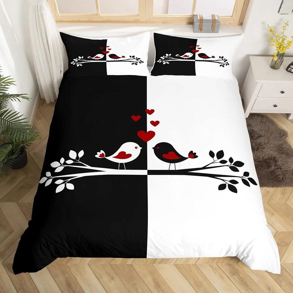 Paarvögel Bettbezug Queen Valentinstag Bettwäsche-Set Äste Tierische Steppdecke Rot Schwarz Liebesschlaftag Deckenbezug