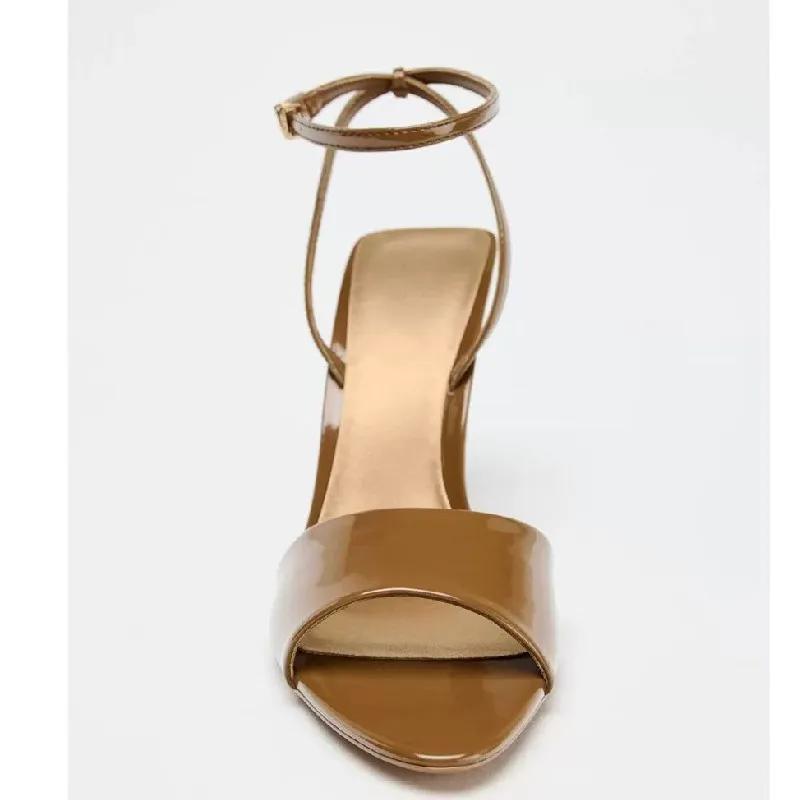 Fashion Brown Patent Leather Heeled Sandal Women Fashion Pointed Toe Ankle Buckle Brand Designer Shoe Summer Sexy Open Toe Zapatos Mujer