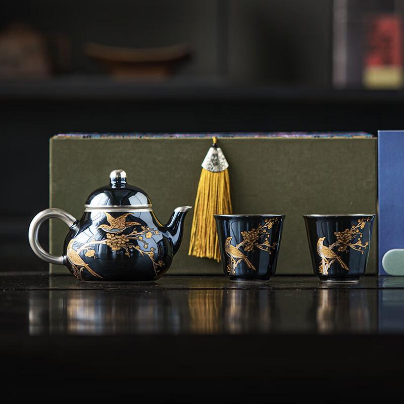 Su-Style Ceramic Gilt Silver Tea Set with Magpie Plum Design