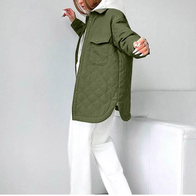 Thickened Warm Cotton Coat Women Long Loose Button Down Lapel Diamond Pattern All Season